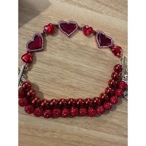 Betsey Johnson Love Spell Red Crystal Heart Charm Toggle Bracelet Gold Tone